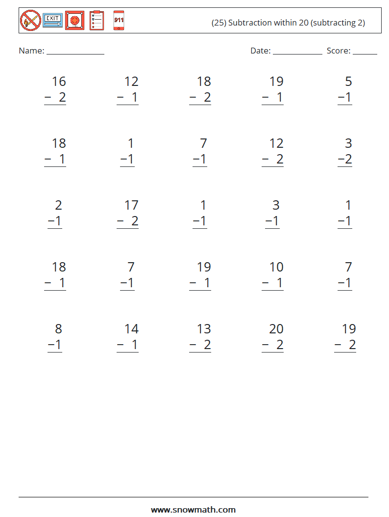 (25) Subtraction within 20 (subtracting 2) Maths Worksheets 1