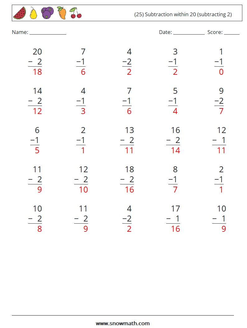 (25) Subtraction within 20 (subtracting 2) Maths Worksheets 11 Question, Answer