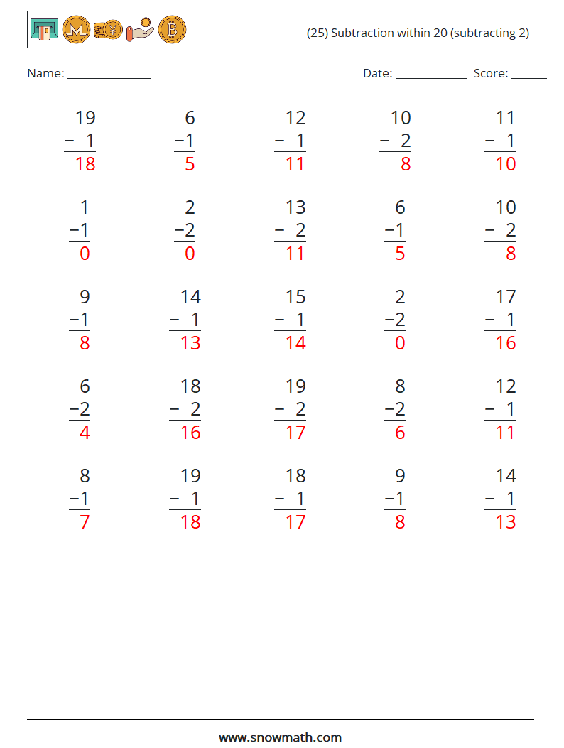 (25) Subtraction within 20 (subtracting 2) Maths Worksheets 12 Question, Answer