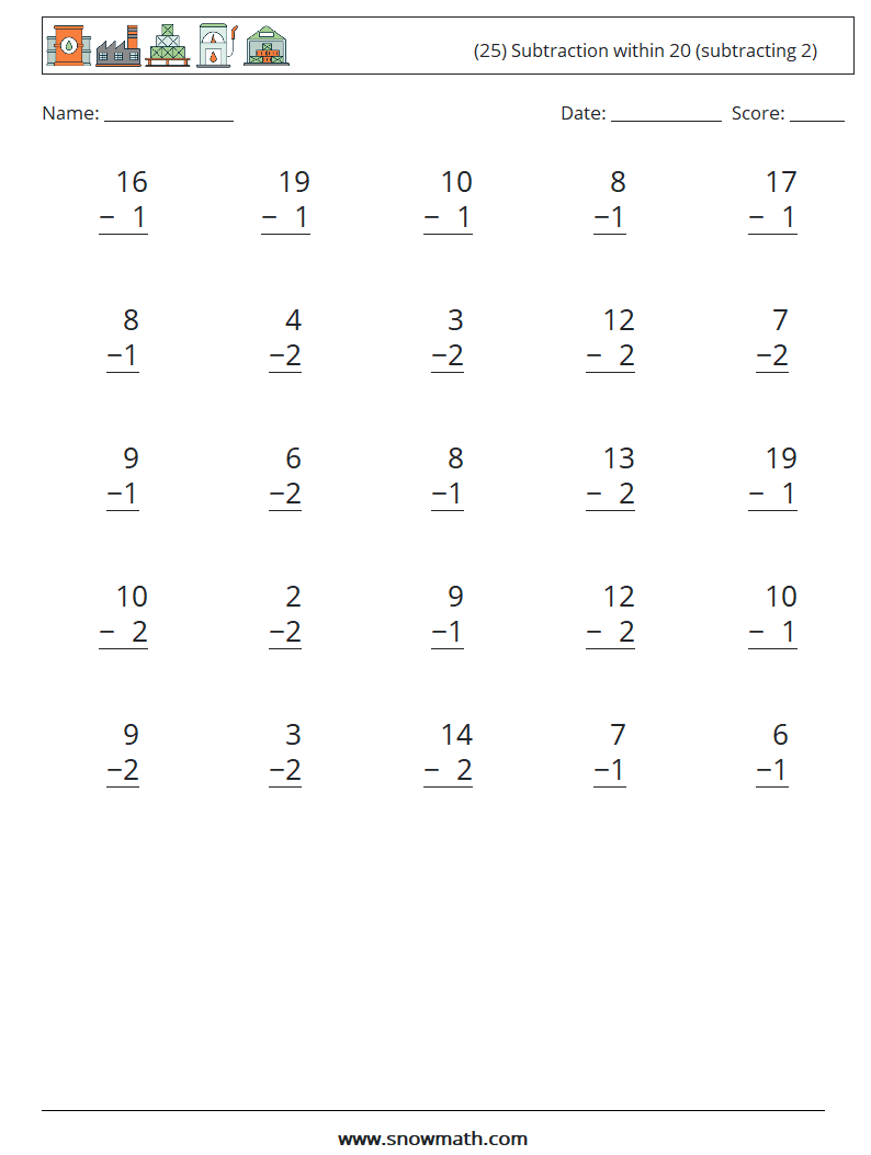 (25) Subtraction within 20 (subtracting 2) Maths Worksheets 13