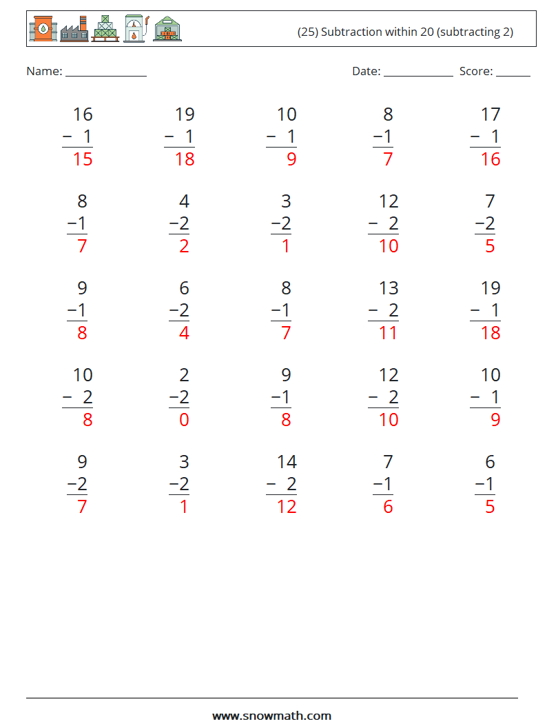 (25) Subtraction within 20 (subtracting 2) Maths Worksheets 13 Question, Answer