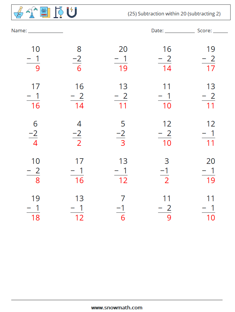 (25) Subtraction within 20 (subtracting 2) Maths Worksheets 15 Question, Answer