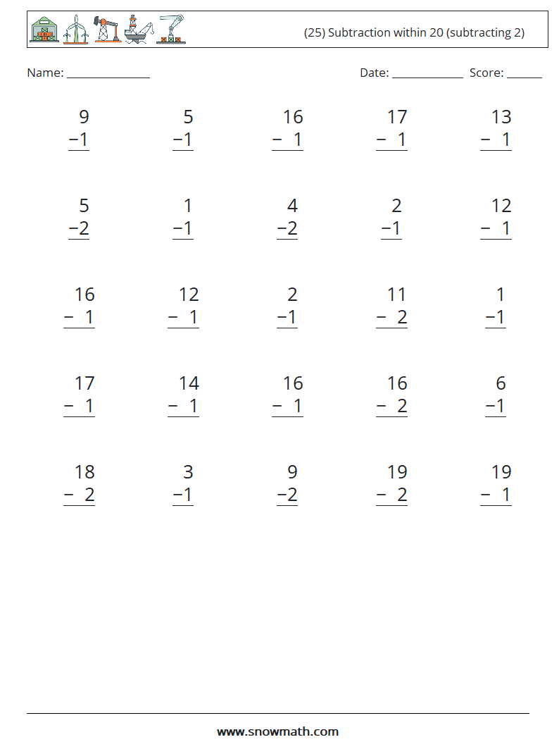 (25) Subtraction within 20 (subtracting 2) Maths Worksheets 16