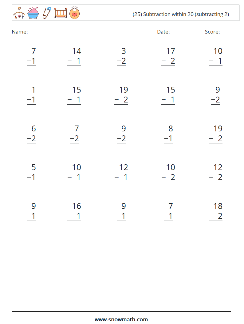 (25) Subtraction within 20 (subtracting 2) Maths Worksheets 17