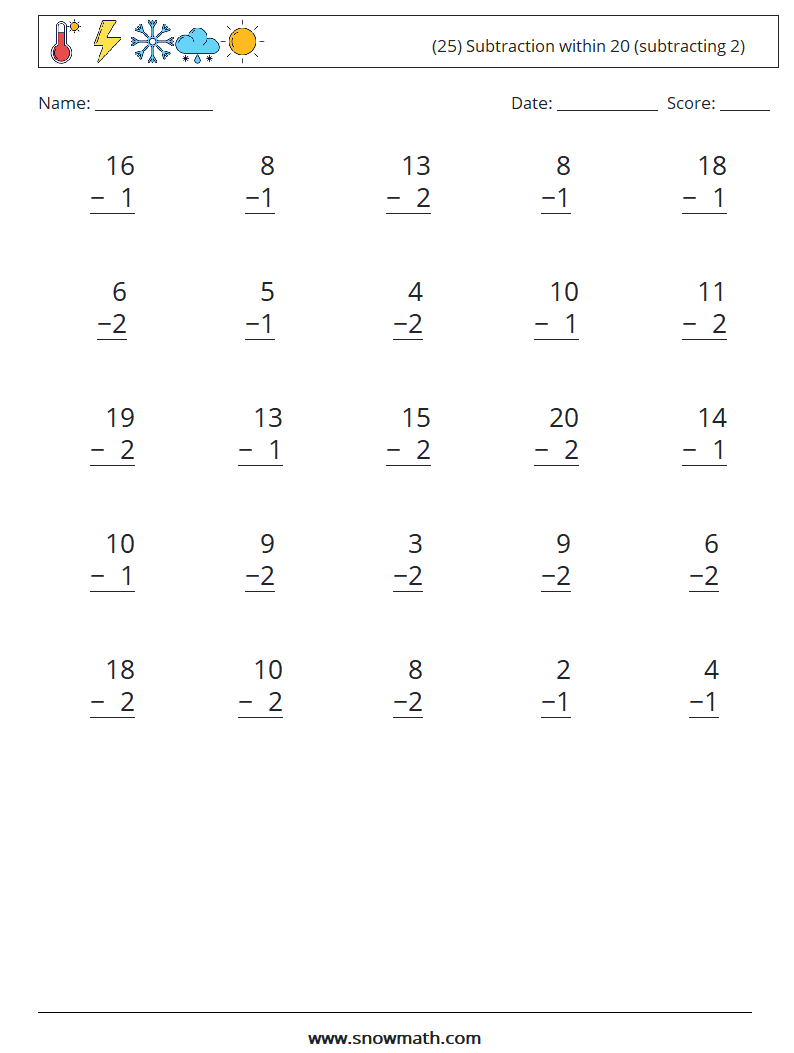 (25) Subtraction within 20 (subtracting 2) Maths Worksheets 18