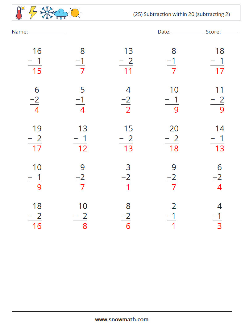 (25) Subtraction within 20 (subtracting 2) Maths Worksheets 18 Question, Answer