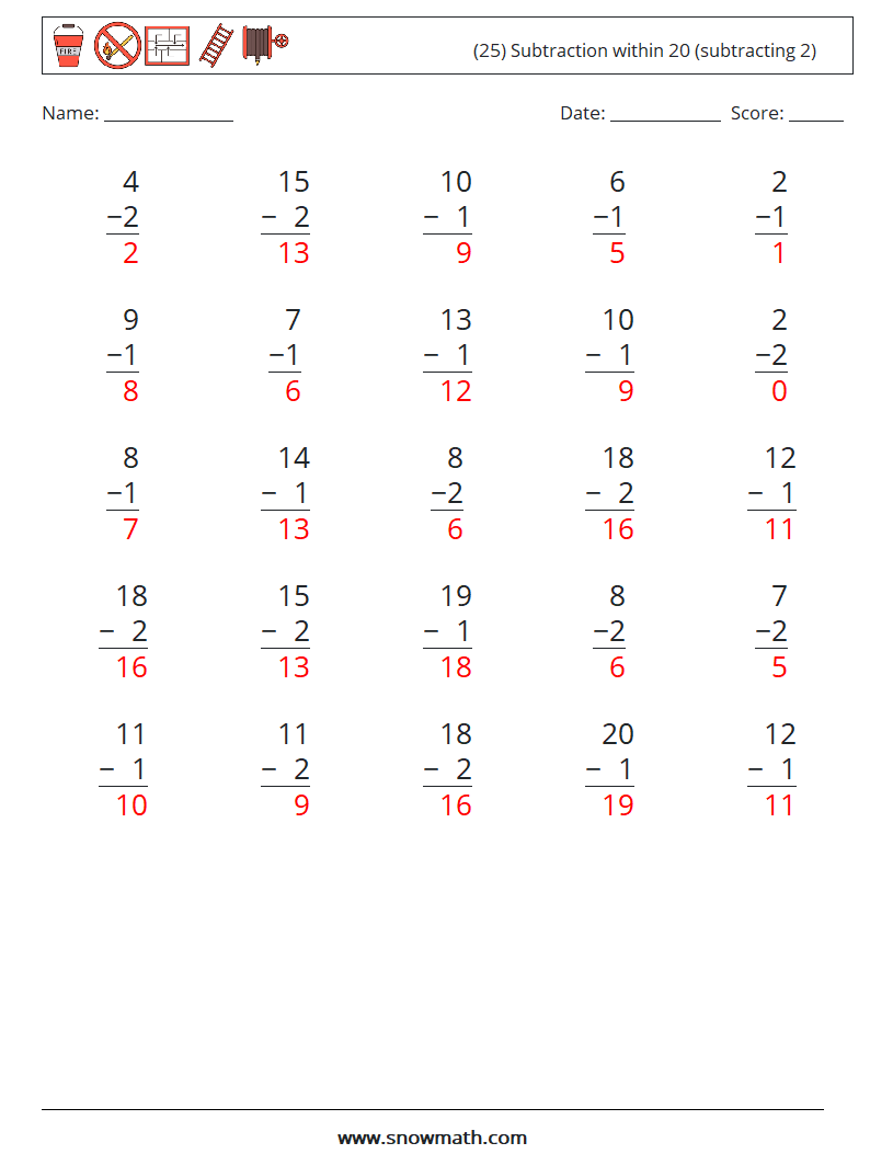 (25) Subtraction within 20 (subtracting 2) Maths Worksheets 2 Question, Answer