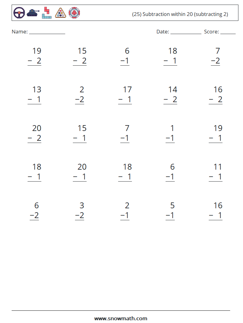 (25) Subtraction within 20 (subtracting 2) Maths Worksheets 5