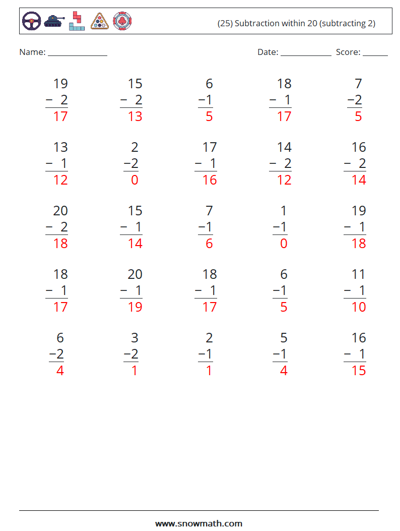 (25) Subtraction within 20 (subtracting 2) Maths Worksheets 5 Question, Answer