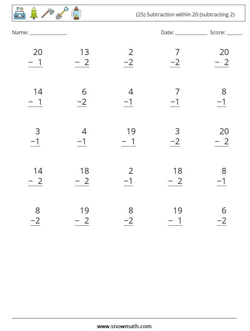 (25) Subtraction within 20 (subtracting 2) Maths Worksheets 6