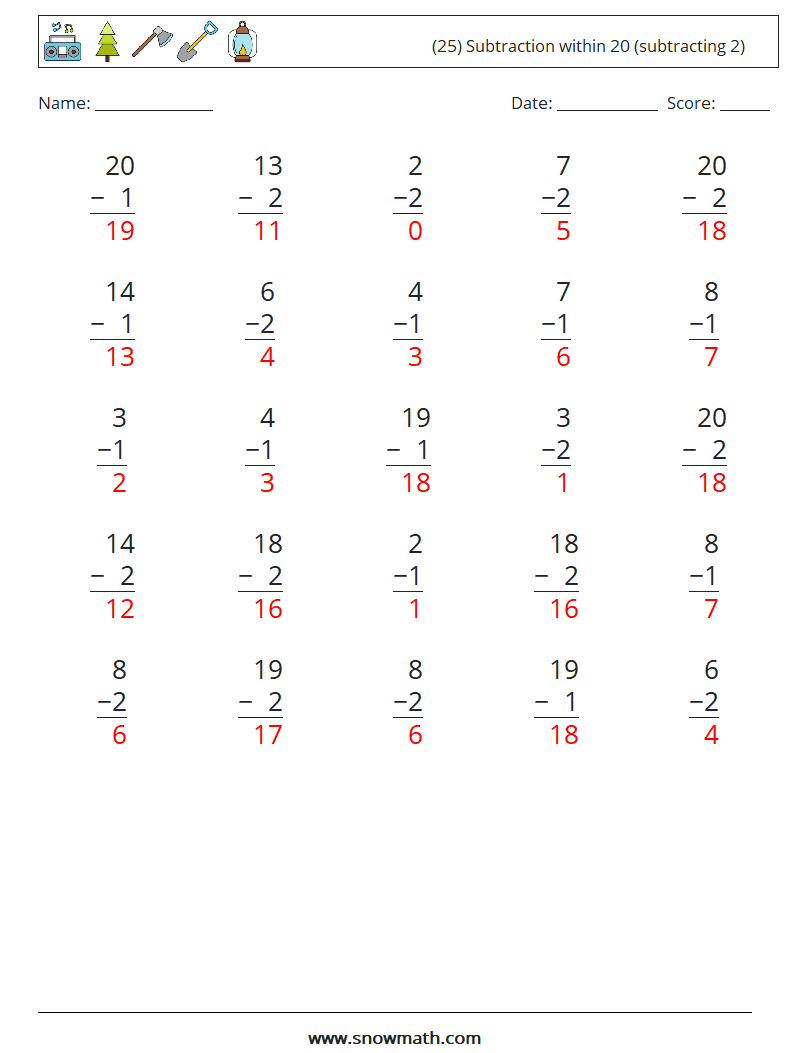 (25) Subtraction within 20 (subtracting 2) Maths Worksheets 6 Question, Answer