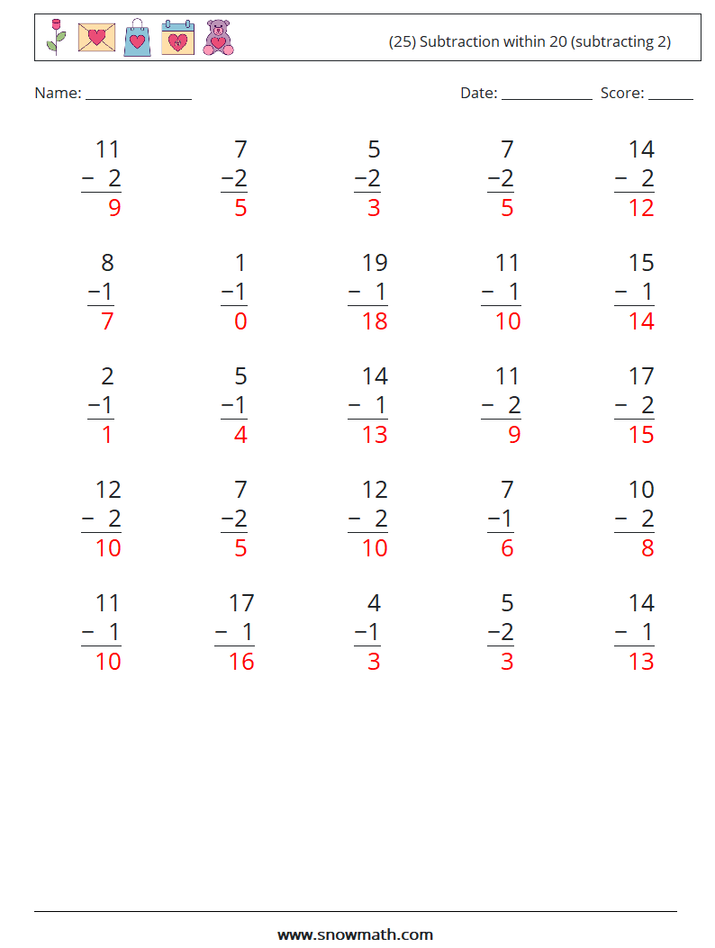 (25) Subtraction within 20 (subtracting 2) Maths Worksheets 7 Question, Answer