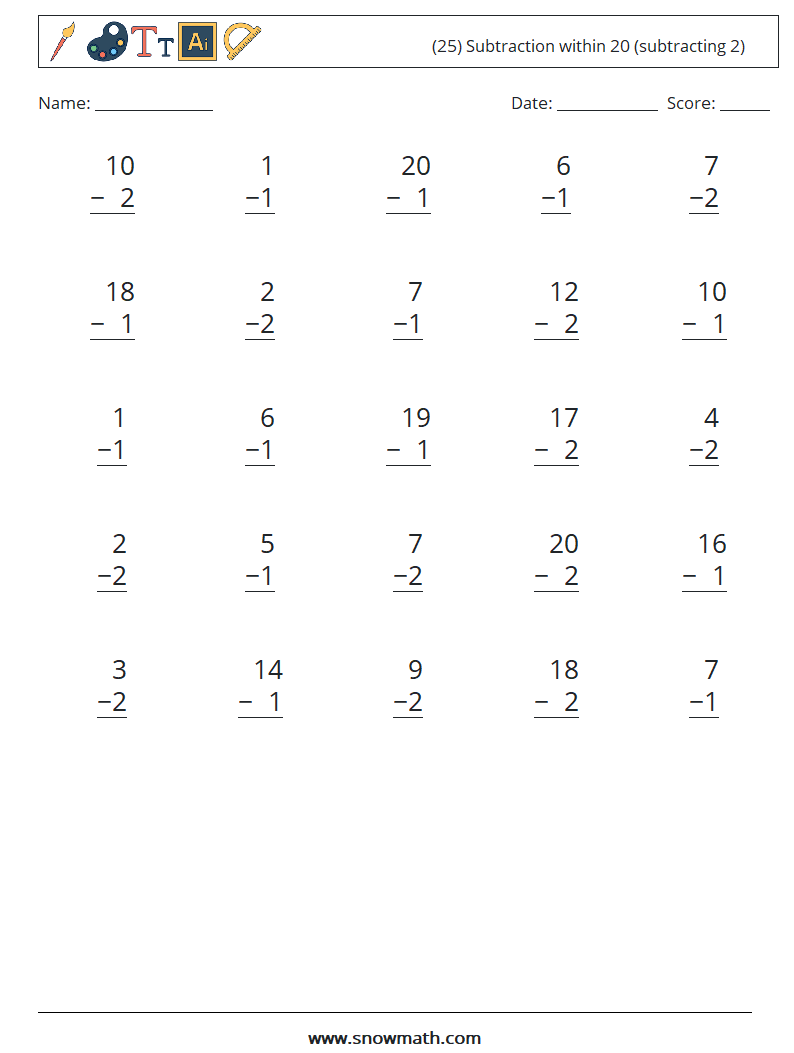 (25) Subtraction within 20 (subtracting 2) Maths Worksheets 8