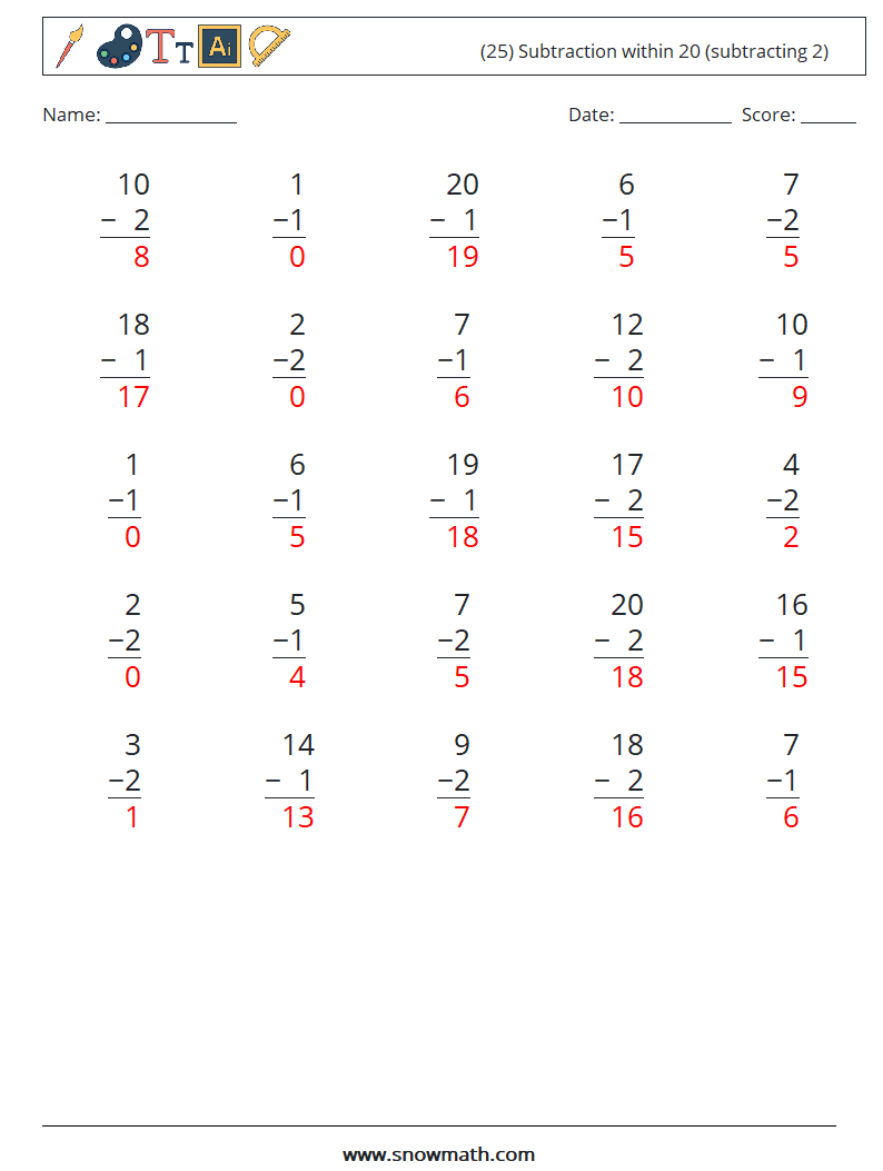 (25) Subtraction within 20 (subtracting 2) Maths Worksheets 8 Question, Answer