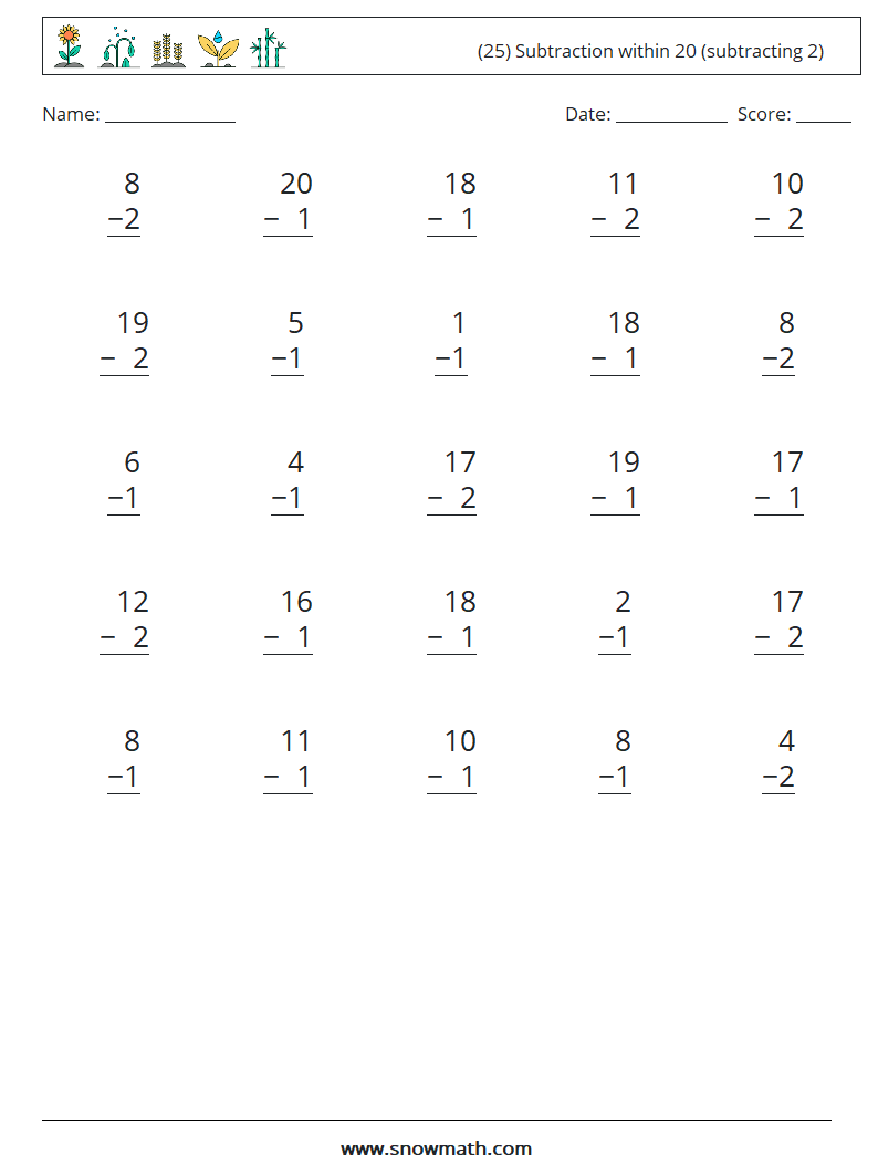 (25) Subtraction within 20 (subtracting 2) Maths Worksheets 9