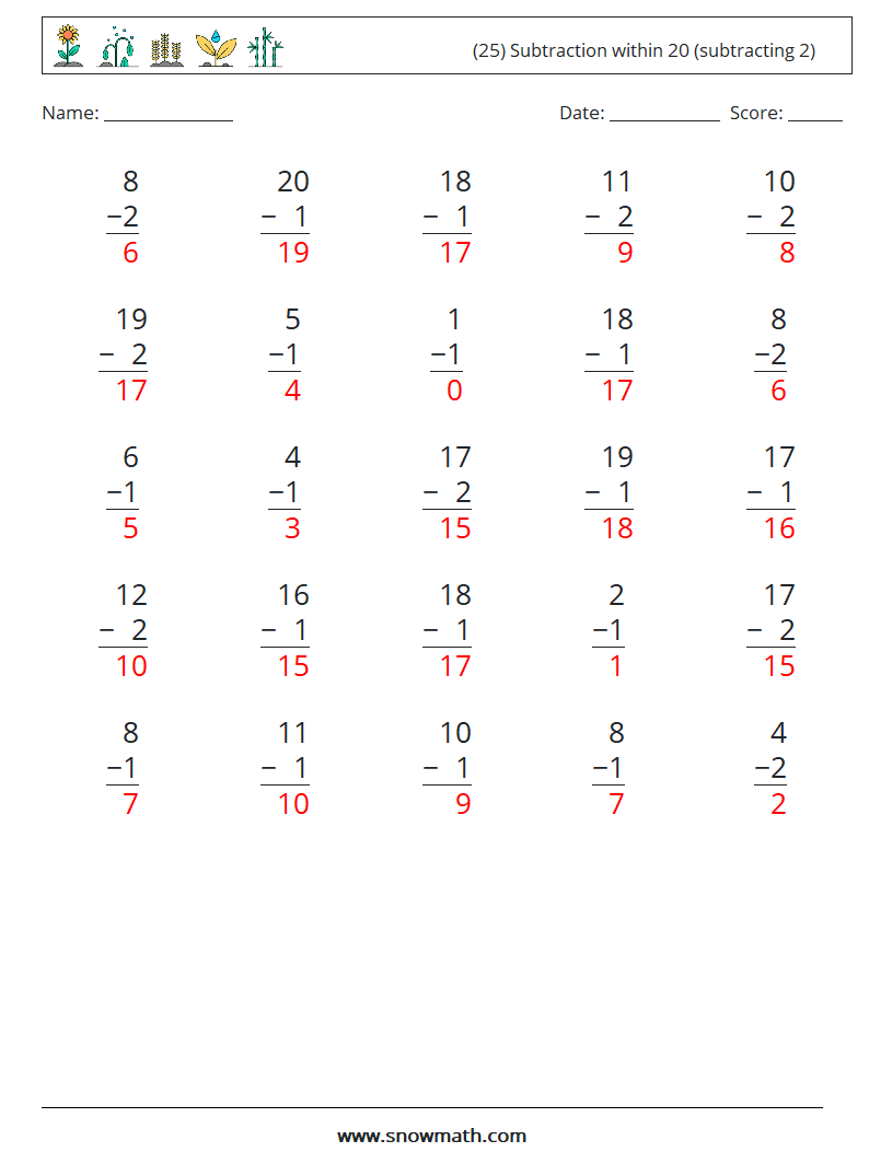 (25) Subtraction within 20 (subtracting 2) Maths Worksheets 9 Question, Answer