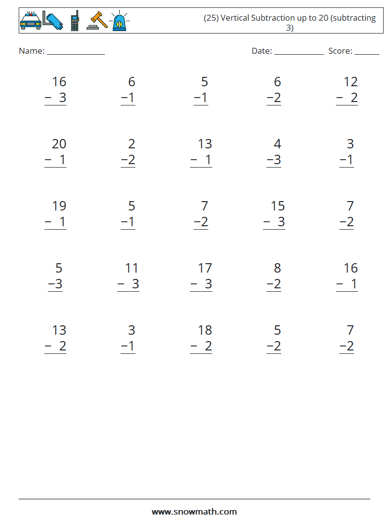 (25) Vertical Subtraction up to 20 (subtracting 3) Maths Worksheets 1