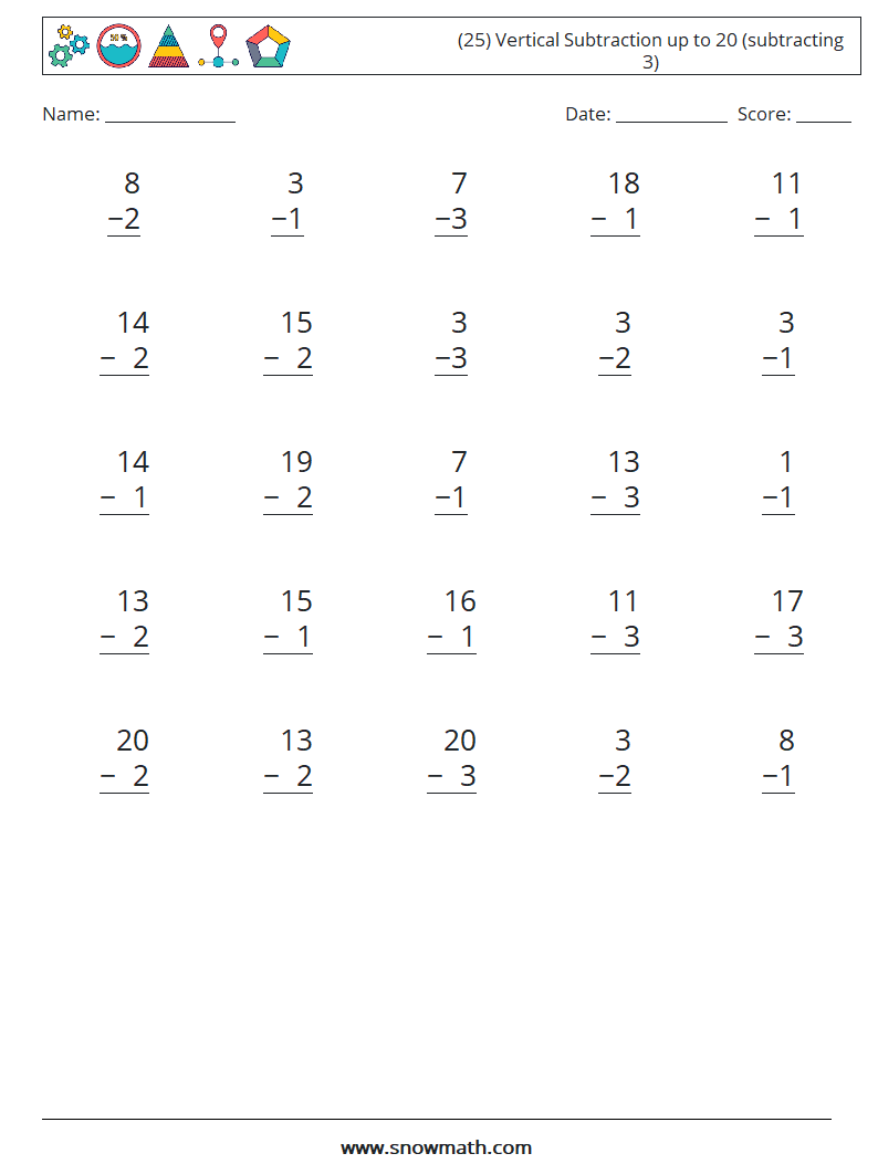 (25) Vertical Subtraction up to 20 (subtracting 3) Maths Worksheets 14