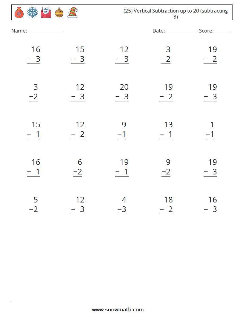 (25) Vertical Subtraction up to 20 (subtracting 3) Maths Worksheets 15