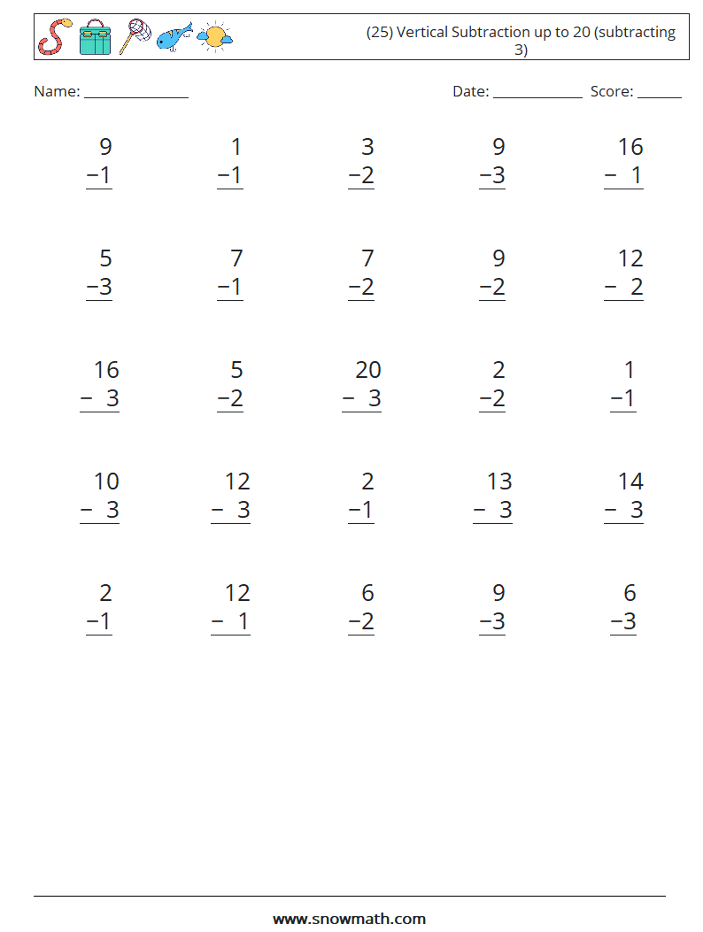 (25) Vertical Subtraction up to 20 (subtracting 3) Maths Worksheets 17