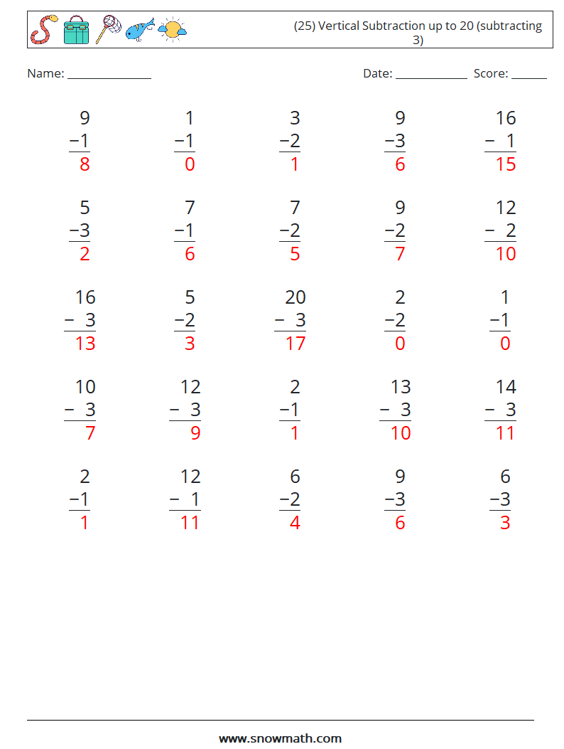 (25) Vertical Subtraction up to 20 (subtracting 3) Maths Worksheets 17 Question, Answer