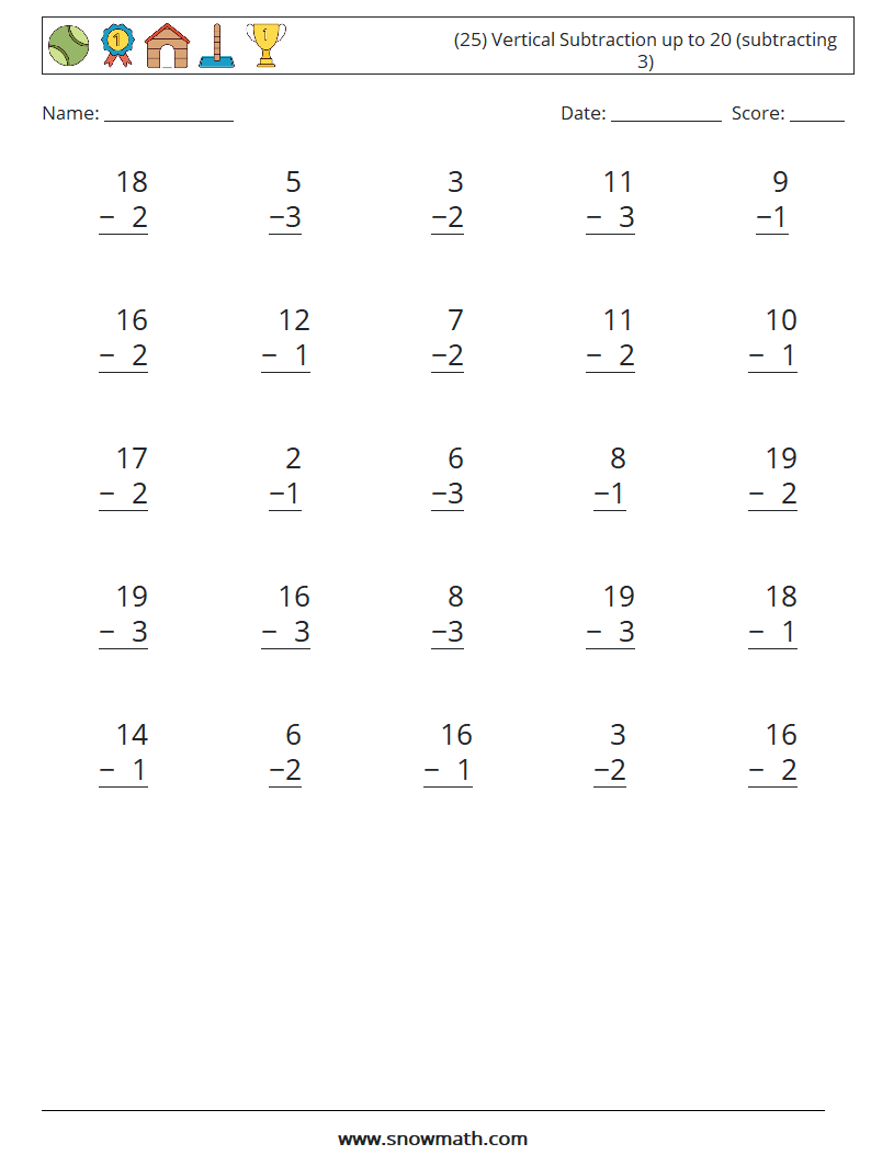 (25) Vertical Subtraction up to 20 (subtracting 3) Maths Worksheets 18