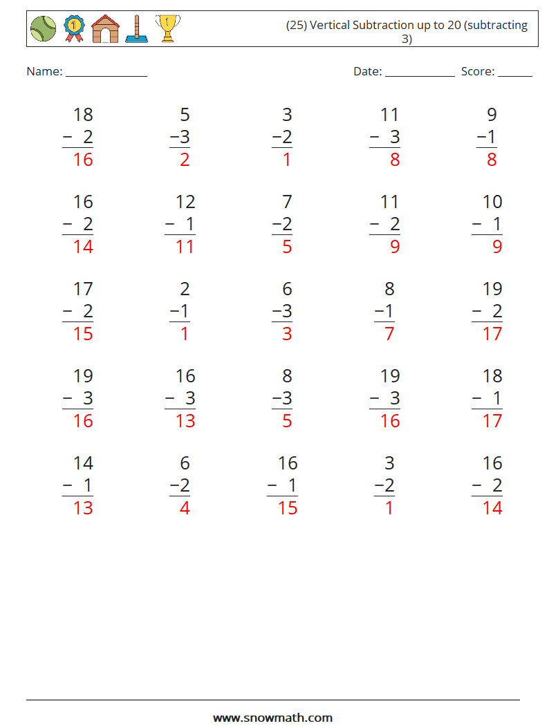 (25) Vertical Subtraction up to 20 (subtracting 3) Maths Worksheets 18 Question, Answer