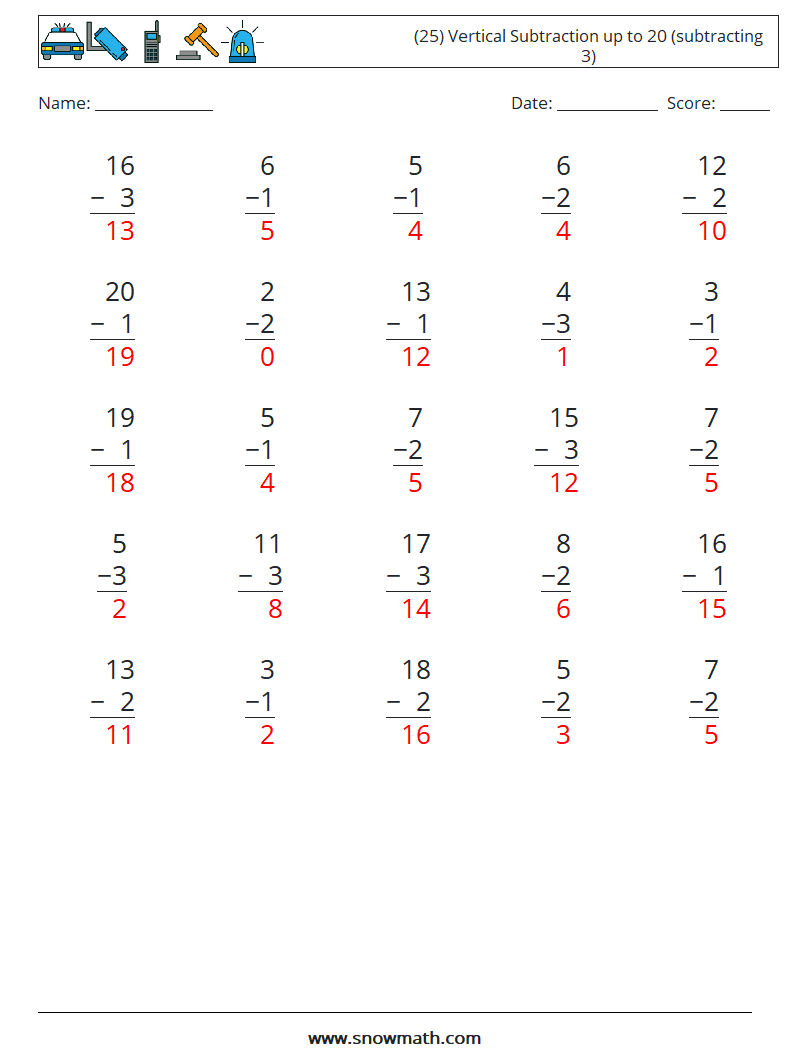 (25) Vertical Subtraction up to 20 (subtracting 3) Maths Worksheets 1 Question, Answer