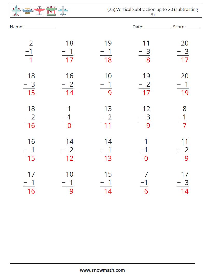 (25) Vertical Subtraction up to 20 (subtracting 3) Maths Worksheets 3 Question, Answer