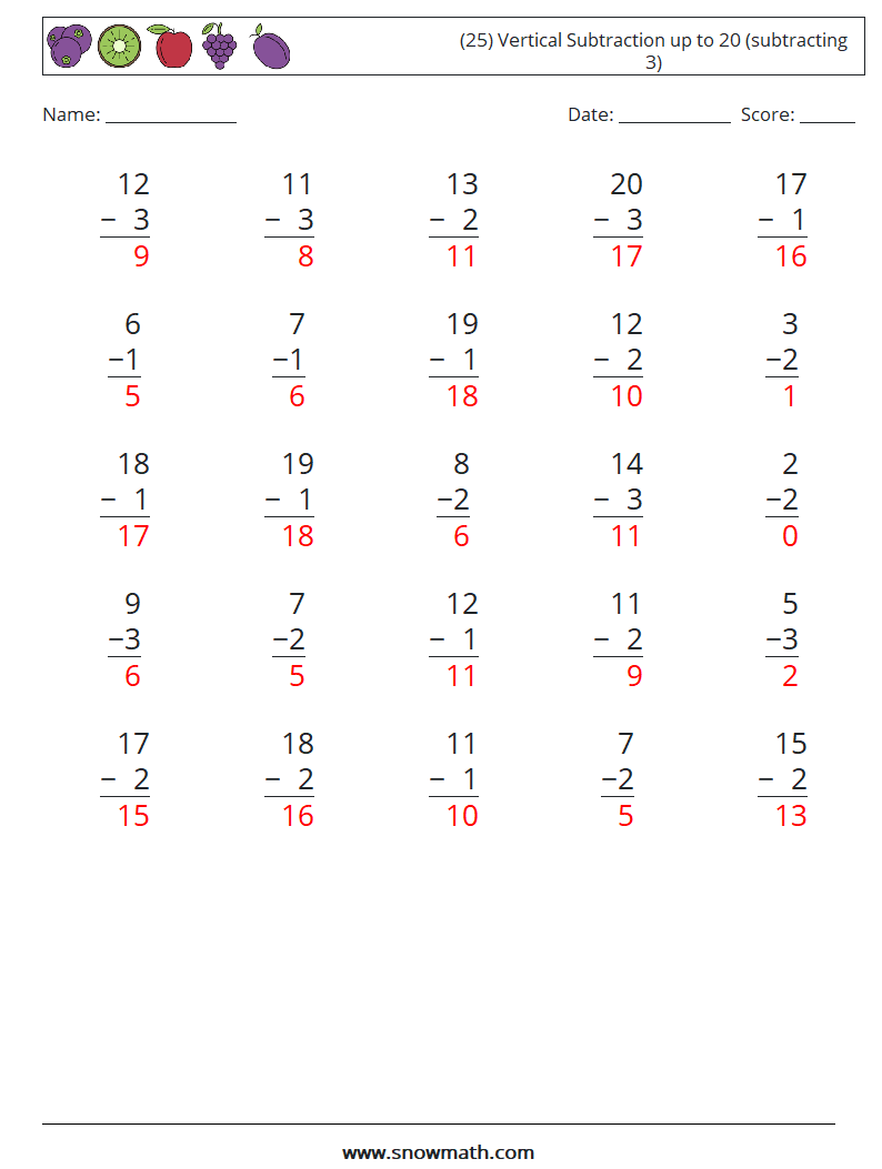 (25) Vertical Subtraction up to 20 (subtracting 3) Maths Worksheets 4 Question, Answer