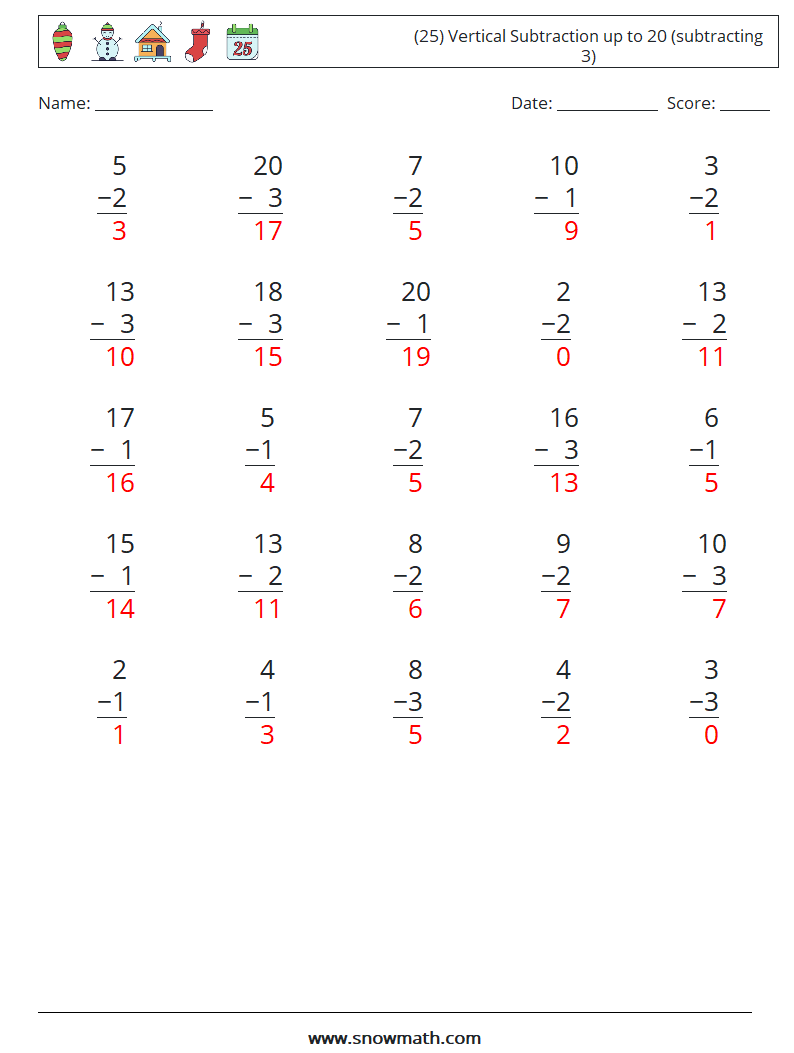 (25) Vertical Subtraction up to 20 (subtracting 3) Maths Worksheets 7 Question, Answer