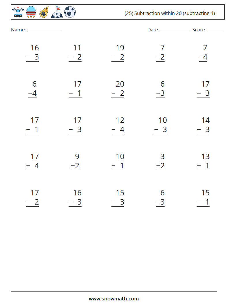 (25) Subtraction within 20 (subtracting 4) Maths Worksheets 1