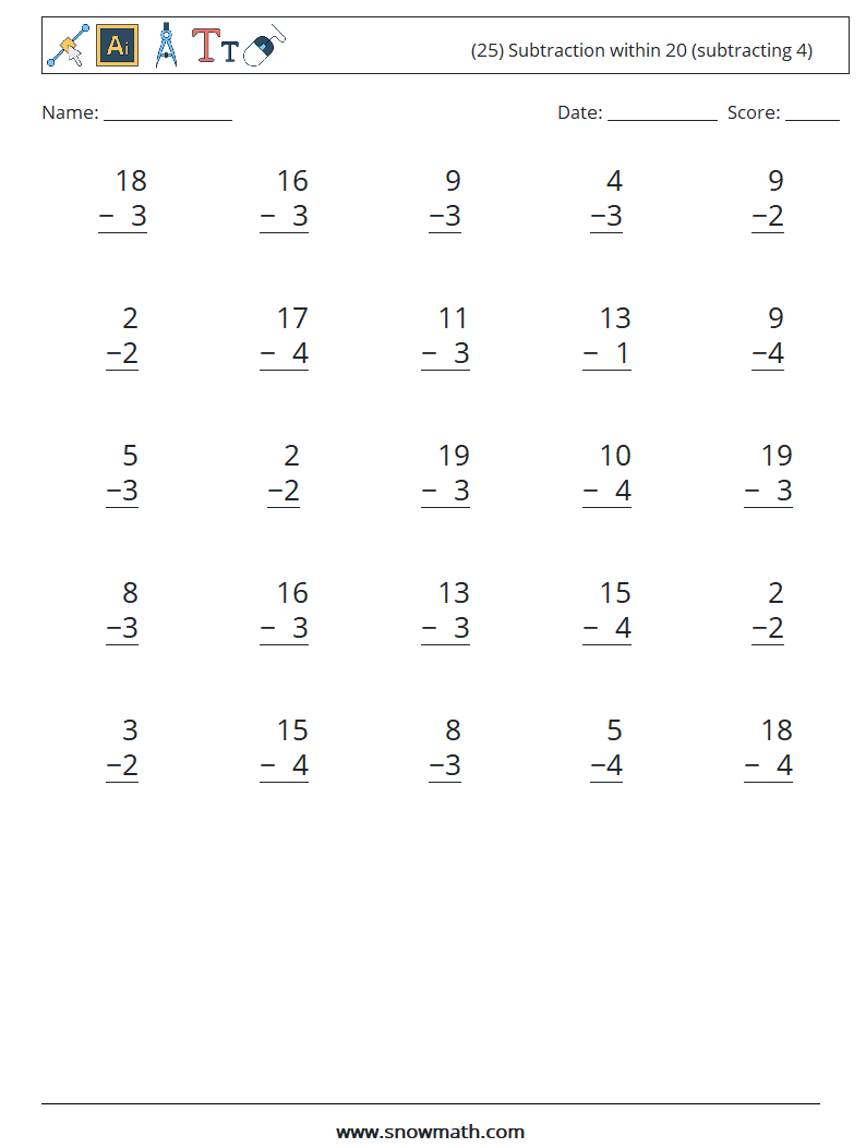 (25) Subtraction within 20 (subtracting 4) Maths Worksheets 10