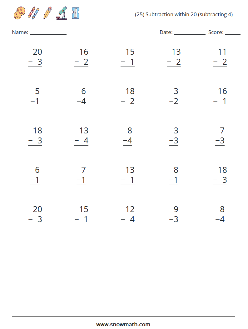 (25) Subtraction within 20 (subtracting 4) Maths Worksheets 13