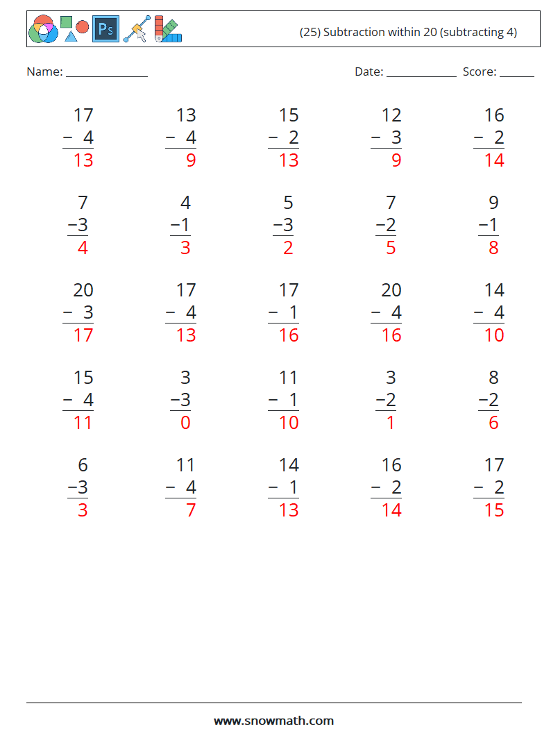 (25) Subtraction within 20 (subtracting 4) Maths Worksheets 14 Question, Answer