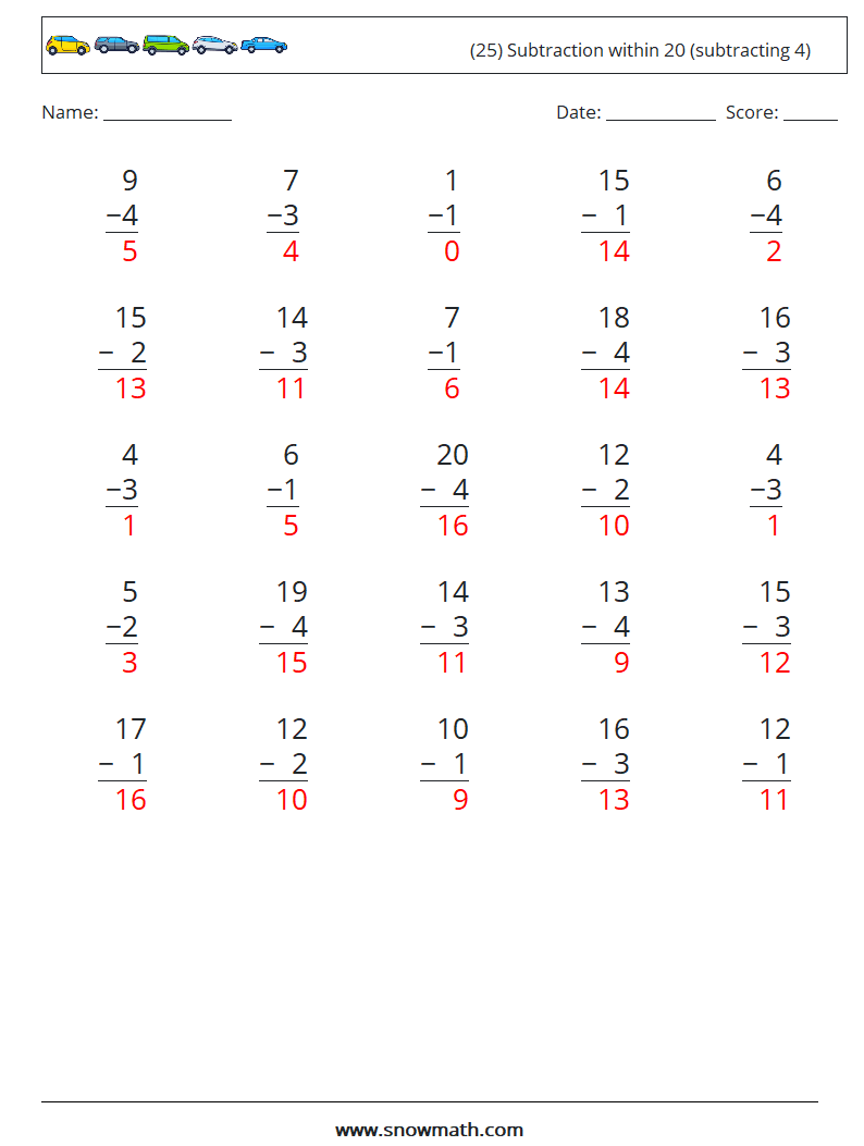 (25) Subtraction within 20 (subtracting 4) Maths Worksheets 15 Question, Answer