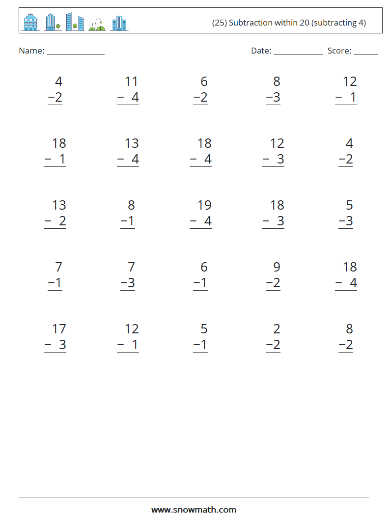 (25) Subtraction within 20 (subtracting 4) Maths Worksheets 17