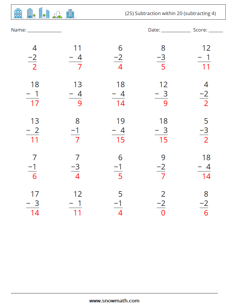 (25) Subtraction within 20 (subtracting 4) Maths Worksheets 17 Question, Answer