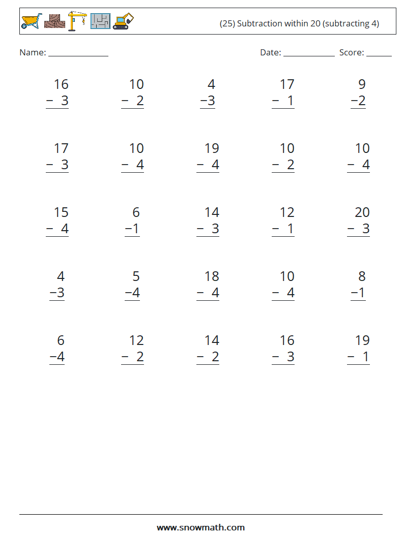 (25) Subtraction within 20 (subtracting 4) Maths Worksheets 18