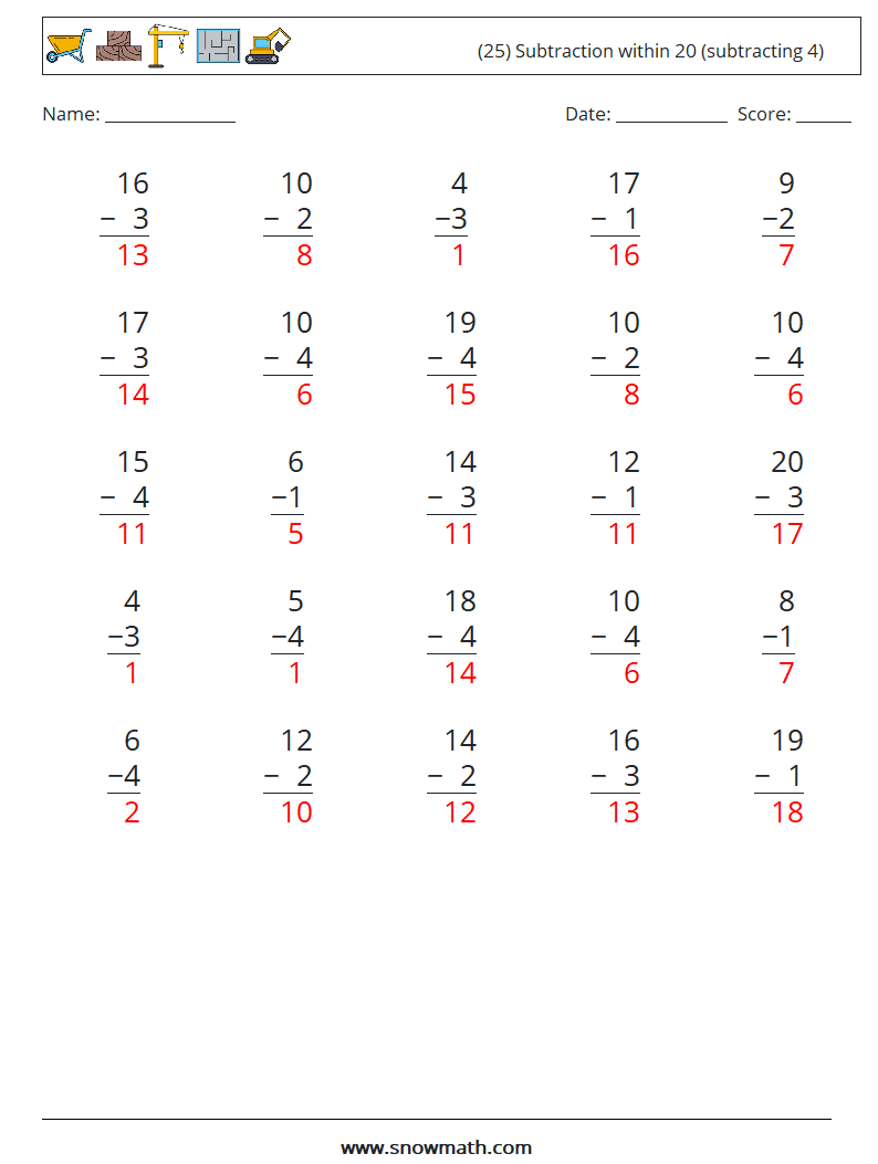 (25) Subtraction within 20 (subtracting 4) Maths Worksheets 18 Question, Answer