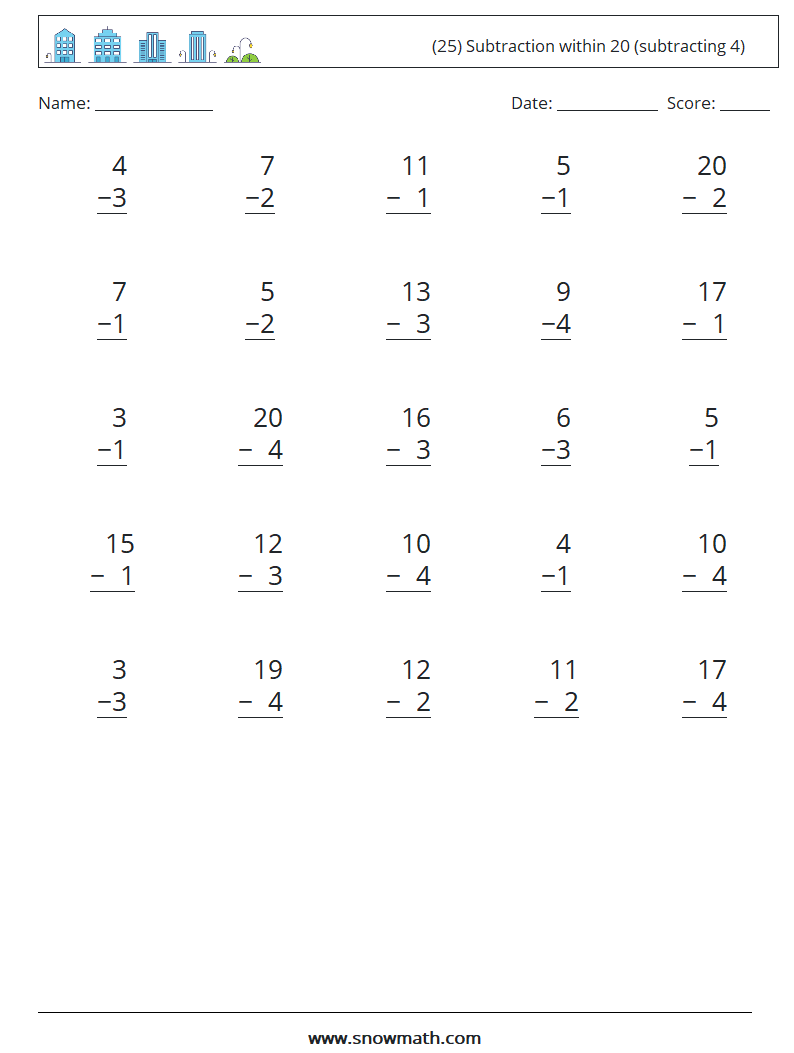 (25) Subtraction within 20 (subtracting 4) Maths Worksheets 2
