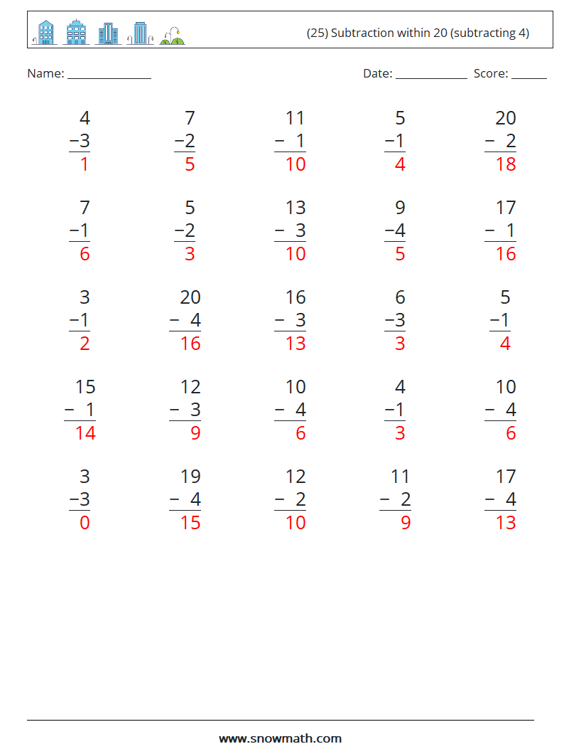 (25) Subtraction within 20 (subtracting 4) Maths Worksheets 2 Question, Answer