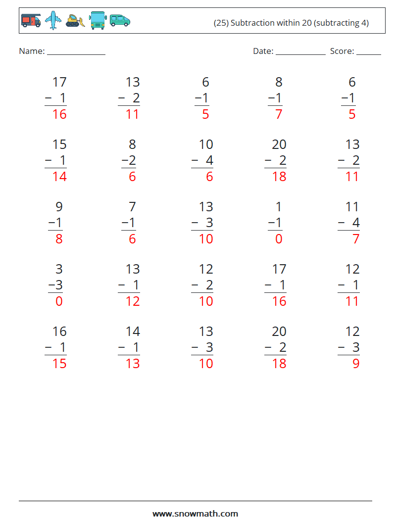 (25) Subtraction within 20 (subtracting 4) Maths Worksheets 3 Question, Answer