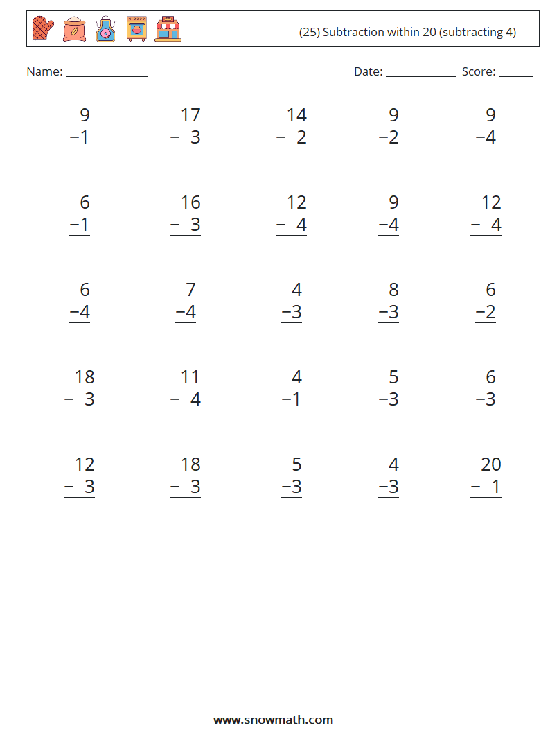 (25) Subtraction within 20 (subtracting 4) Maths Worksheets 4