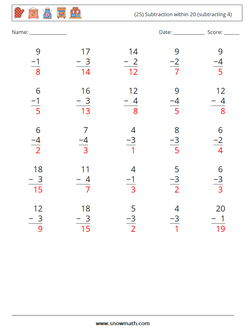 (25) Subtraction within 20 (subtracting 4) Maths Worksheets 4 Question, Answer