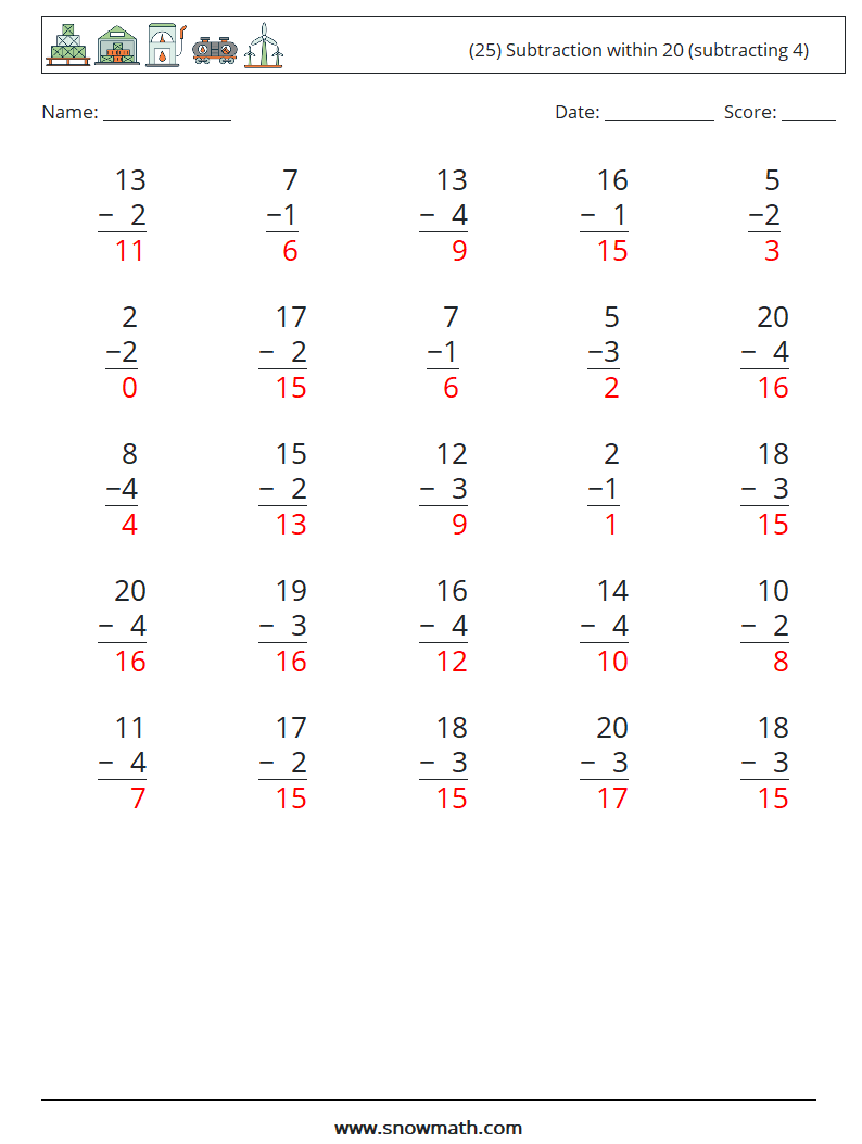 (25) Subtraction within 20 (subtracting 4) Maths Worksheets 5 Question, Answer