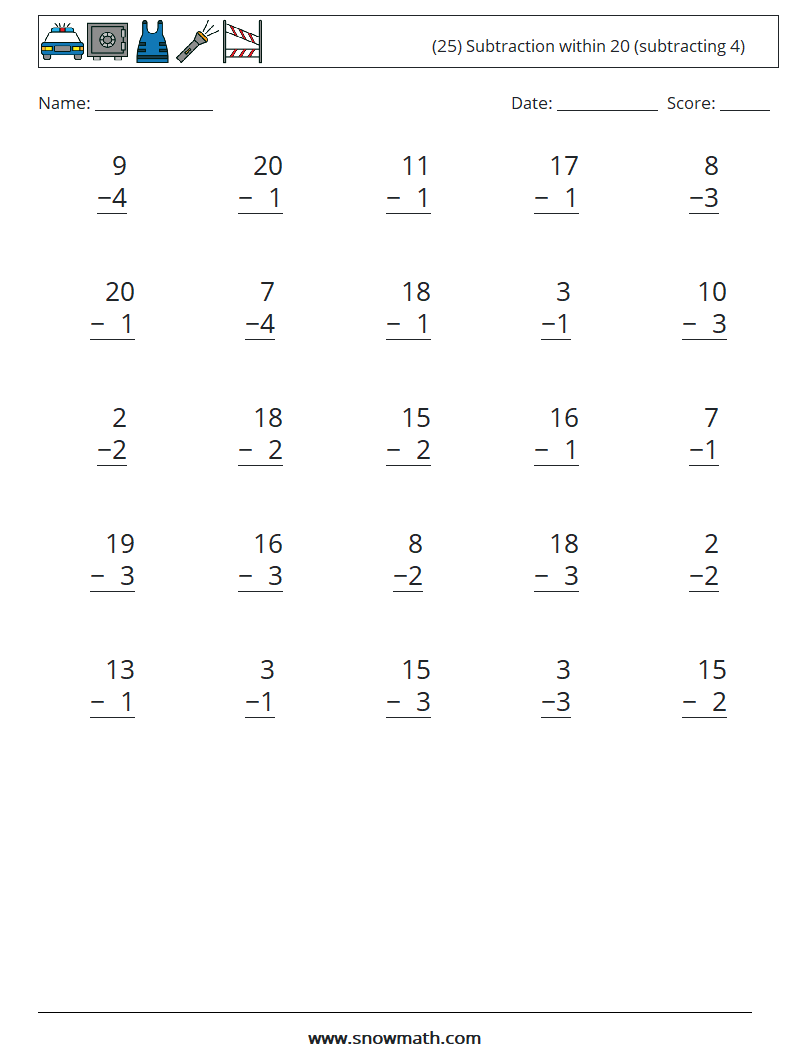 (25) Subtraction within 20 (subtracting 4) Maths Worksheets 6