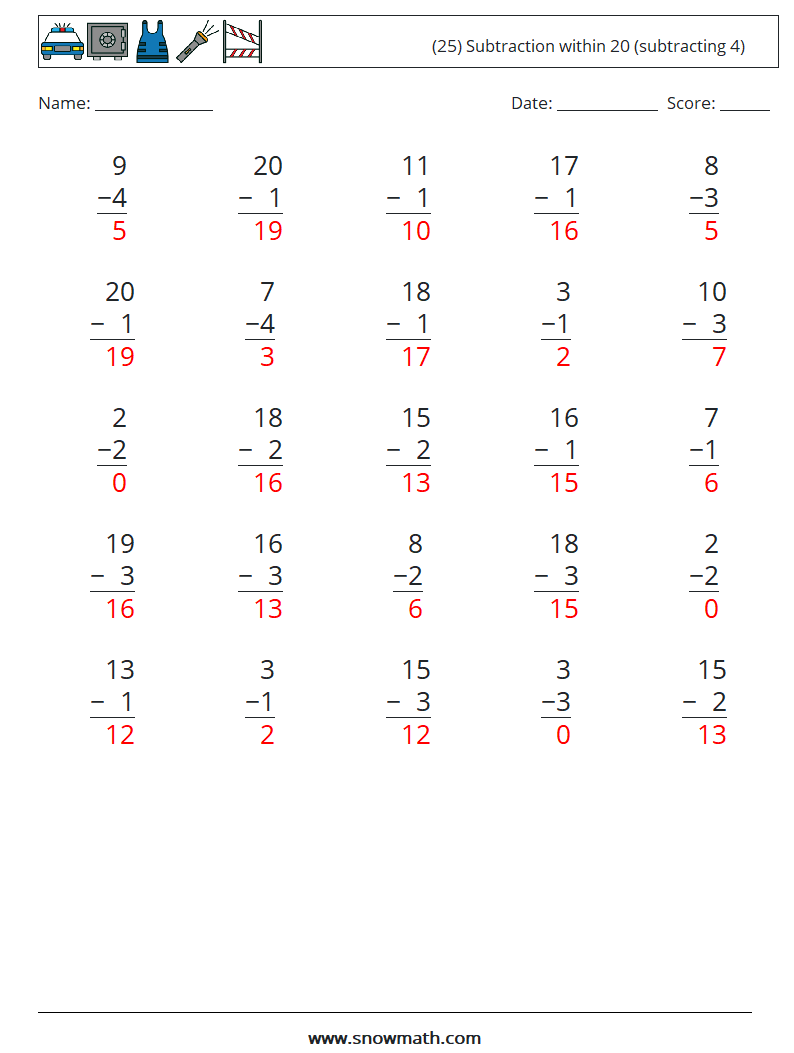 (25) Subtraction within 20 (subtracting 4) Maths Worksheets 6 Question, Answer