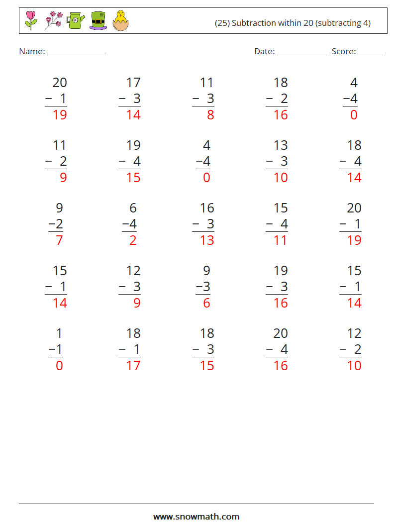 (25) Subtraction within 20 (subtracting 4) Maths Worksheets 7 Question, Answer