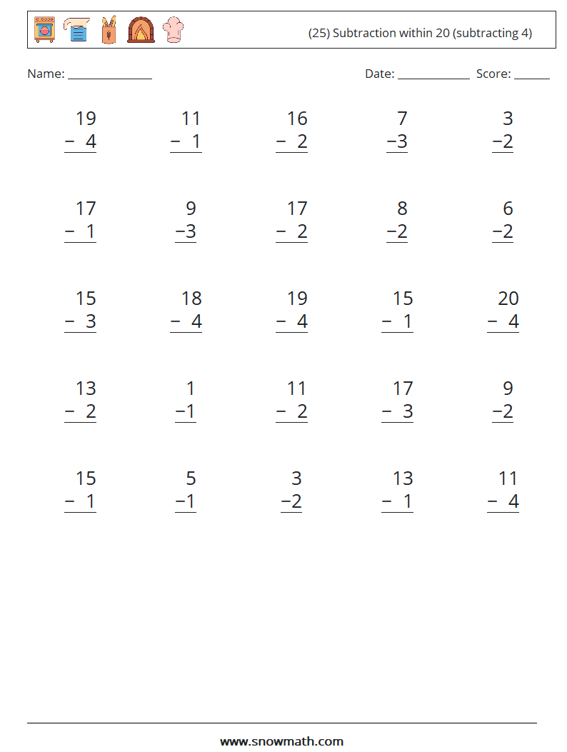 (25) Subtraction within 20 (subtracting 4) Maths Worksheets 8